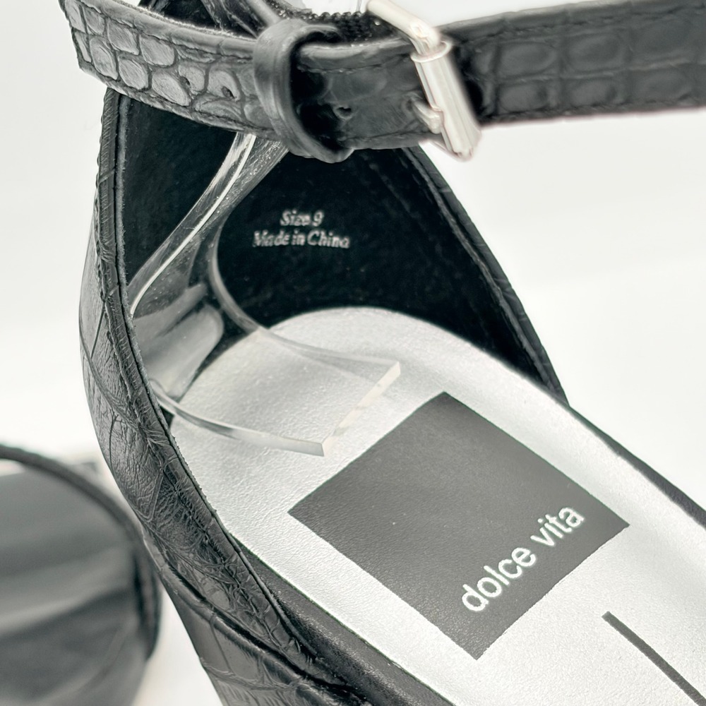 Dolce Vita Sandals Size 9 Croc Embossed Black Square Toe Metal Tip Block Heel - Picture 5 of 6
